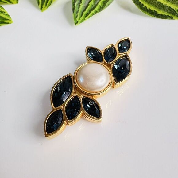 Vintage Authentic Swarovski SAL Signed Blue Crystal Pearl Bar Brooch Pin Gold - Picture 5 of 9